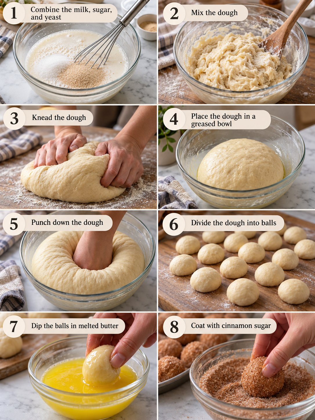 A step-by-step guide to making homemade monkey bread, with images of each key step