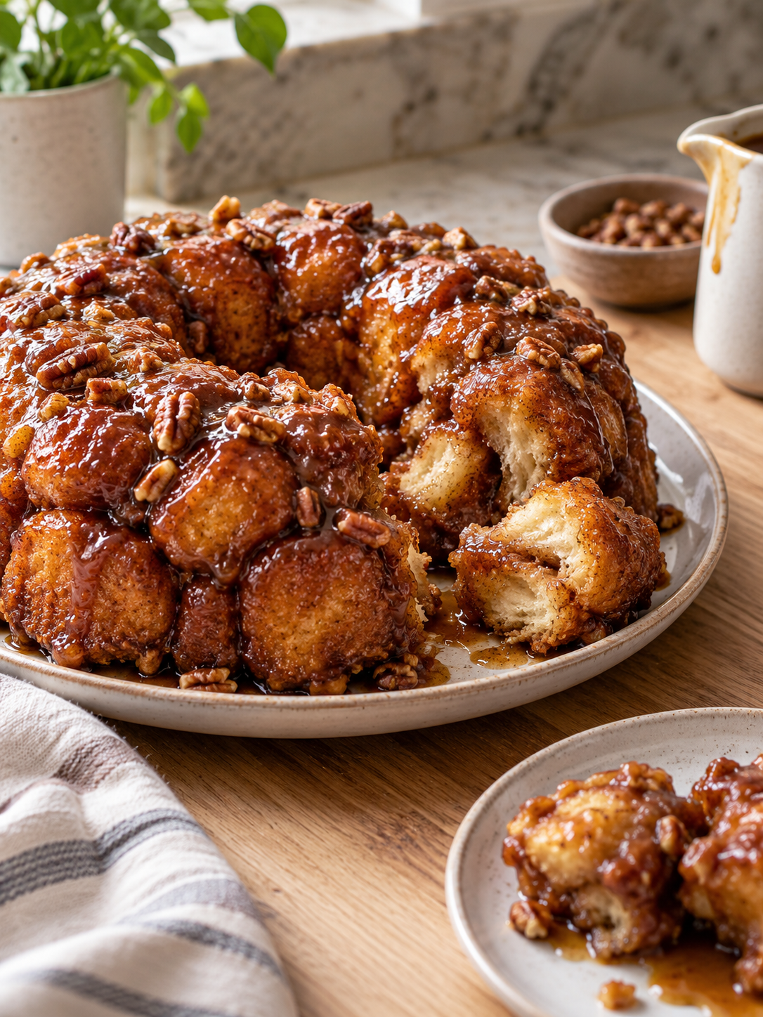 A freshly baked homemade monkey bread being served, with a natural and appetizing presentation