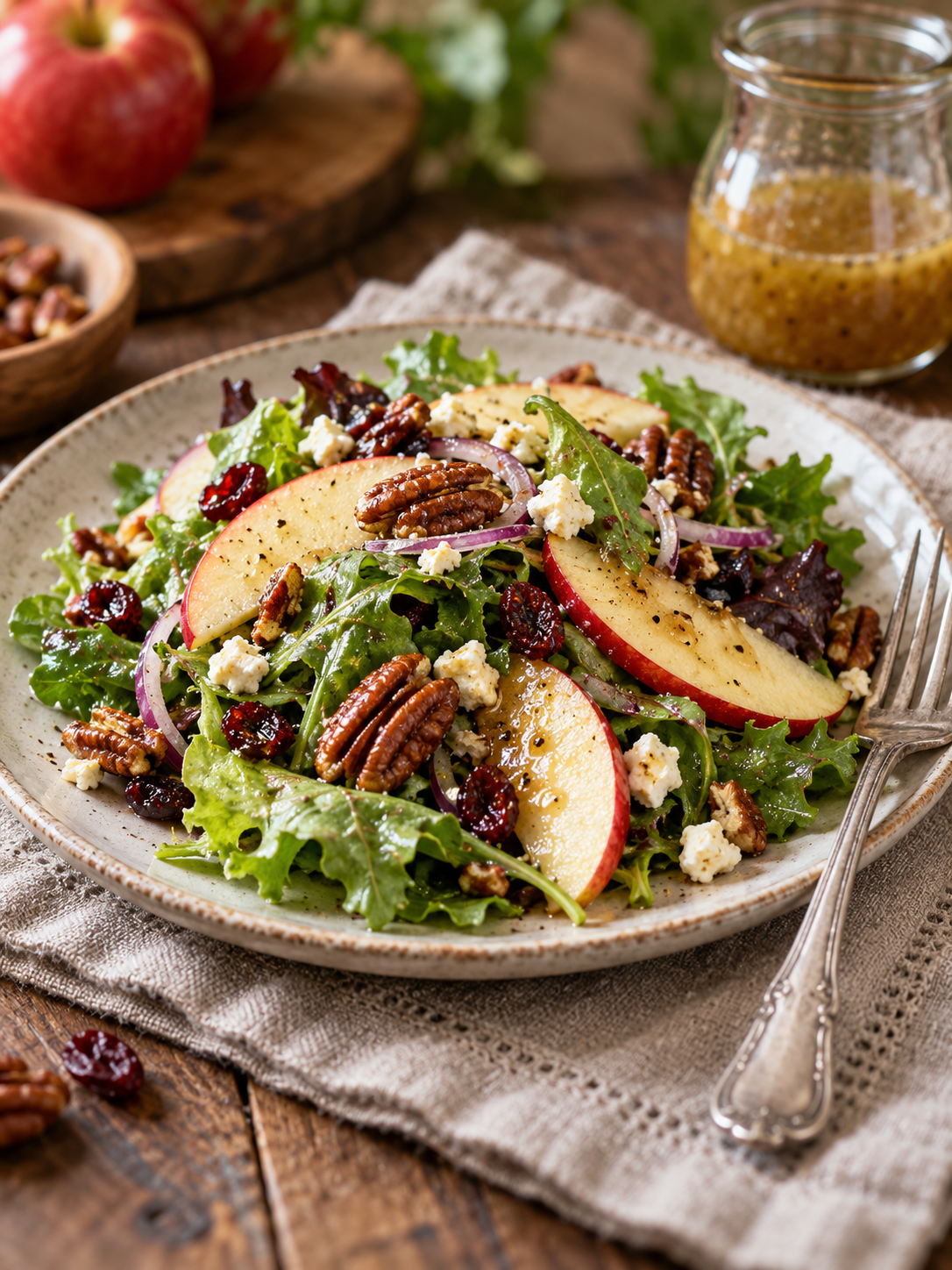 A close-up of a single portion of apple salad on a plate with a fork, emphasizing the crisp textures and colorful ingredients.