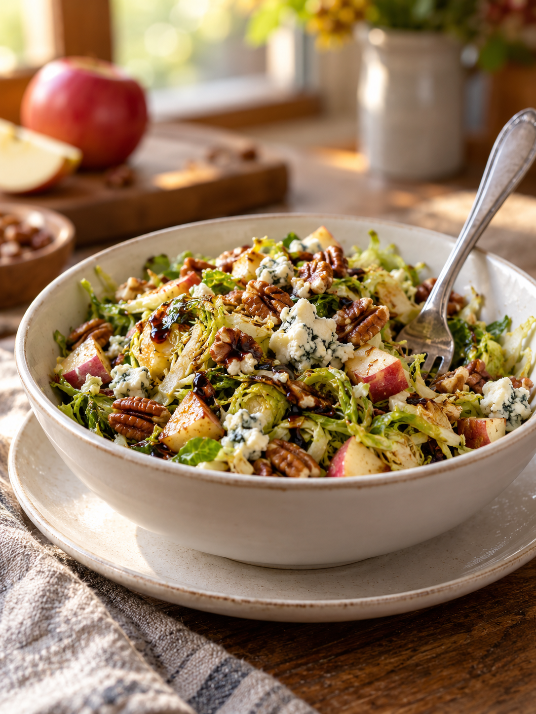 A close-up of a single serving of the warm Brussels sprout salad in a white bowl with a fork.