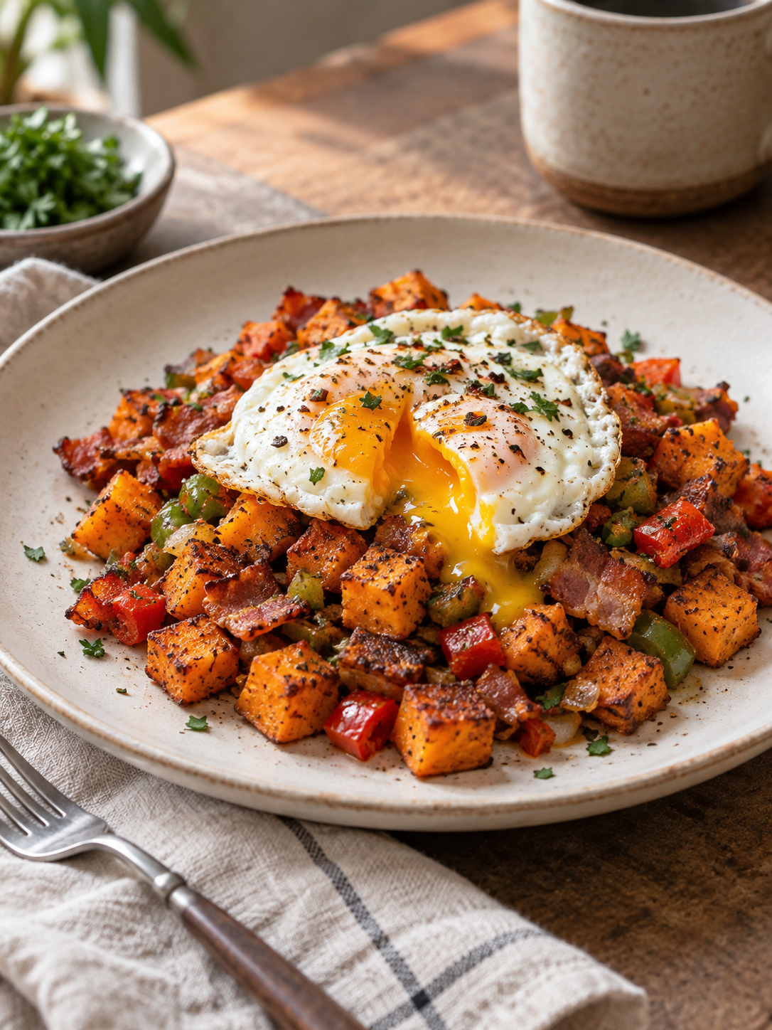 A close-up shot of a single serving of sweet potato and turkey bacon hash with a soft-yolk egg on a white plate.