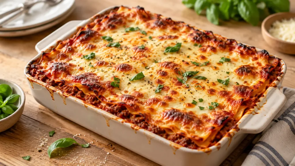 A freshly baked lasagna without ricotta, with a golden-brown mozzarella cheese crust on top and a few subtle crumbs around the edges.
