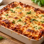A freshly baked lasagna without ricotta, with a golden-brown mozzarella cheese crust on top and a few subtle crumbs around the edges.