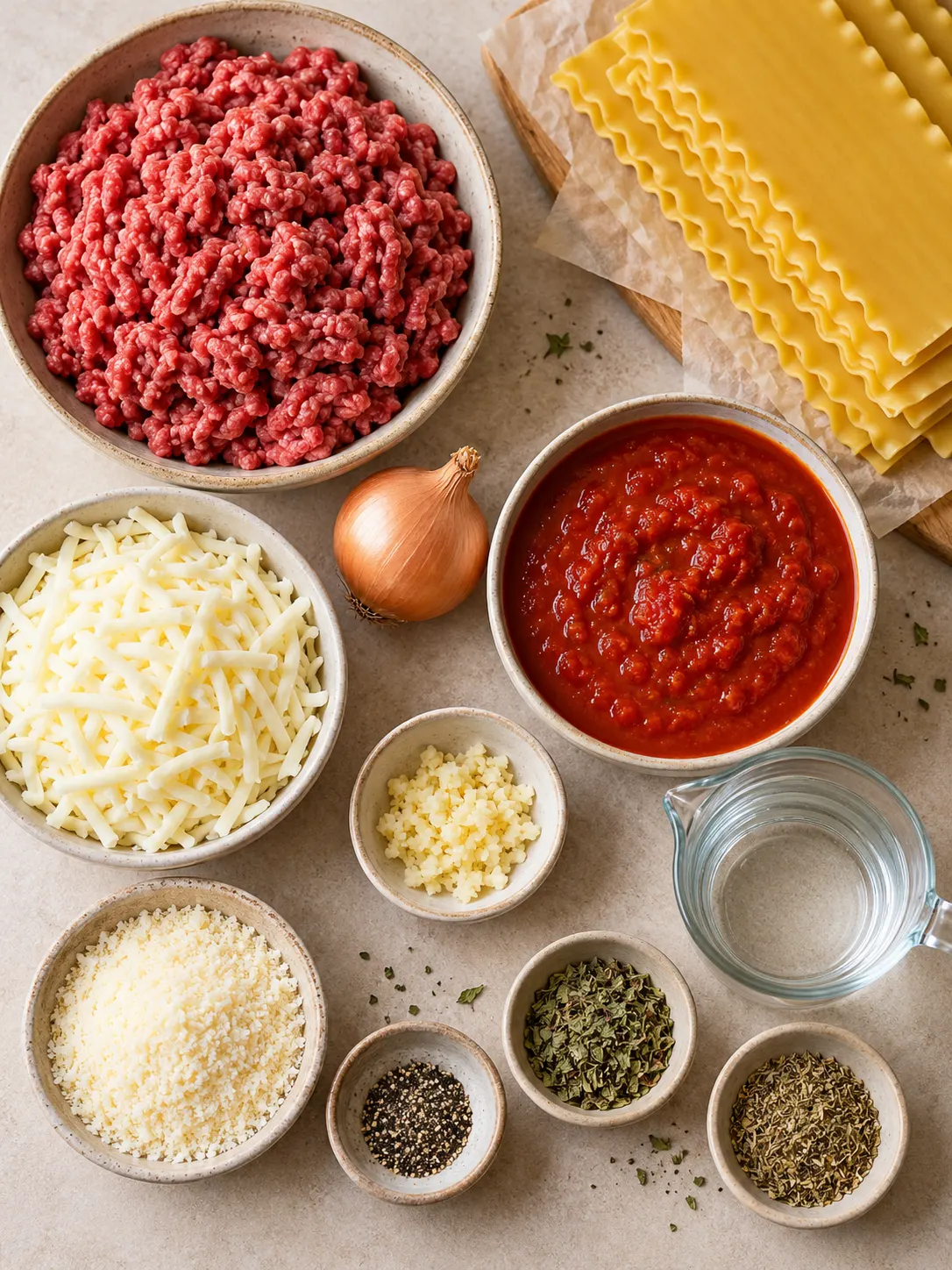 A flat-lay arrangement of the ingredients for the lasagna recipe without ricotta, including ground beef, lasagna noodles, and various cheeses and spices.