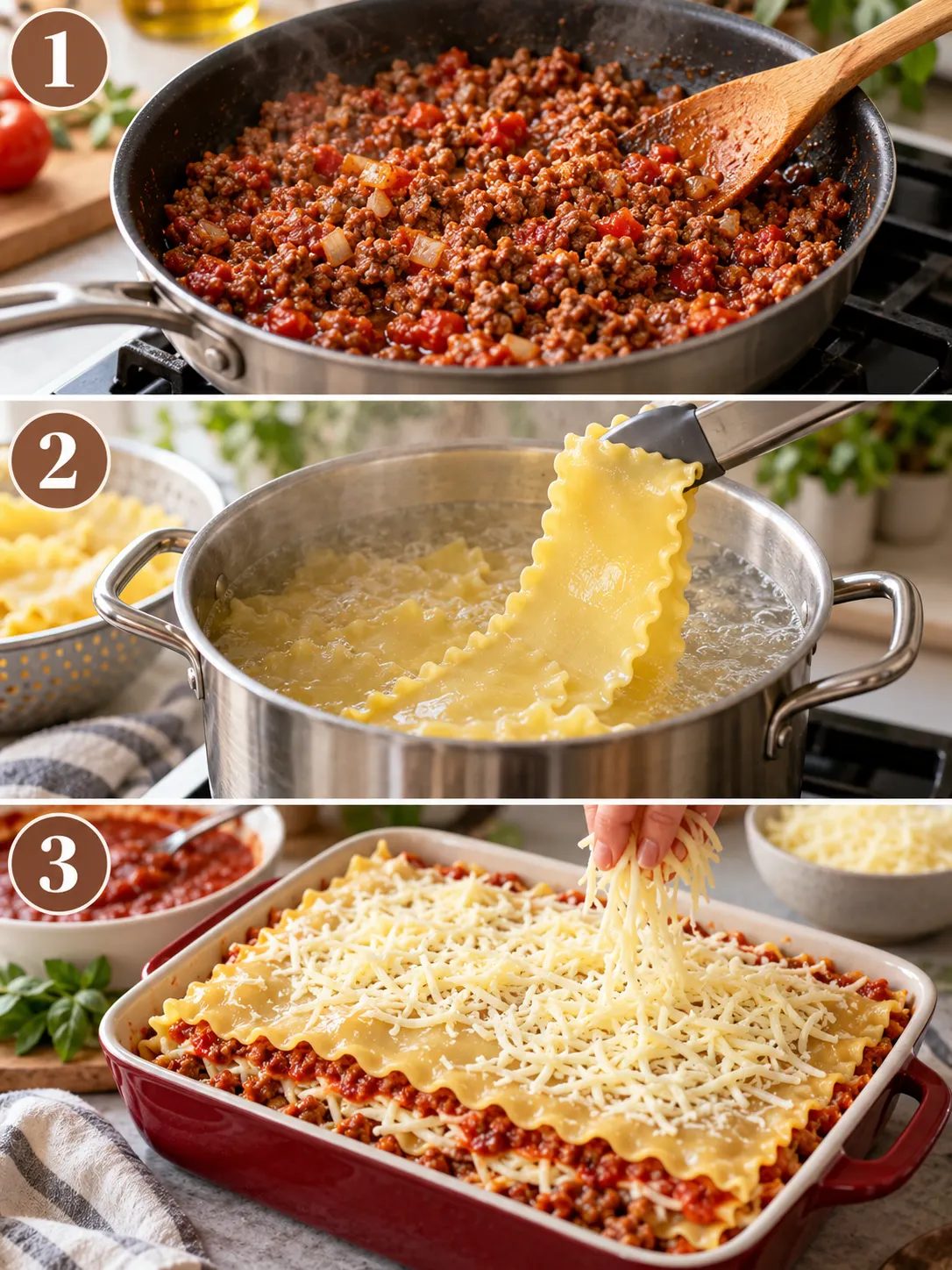 A step-by-step guide to cooking the lasagna recipe without ricotta, showing the key steps of browning the ground beef, cooking the lasagna noodles, and assembling the lasagna.