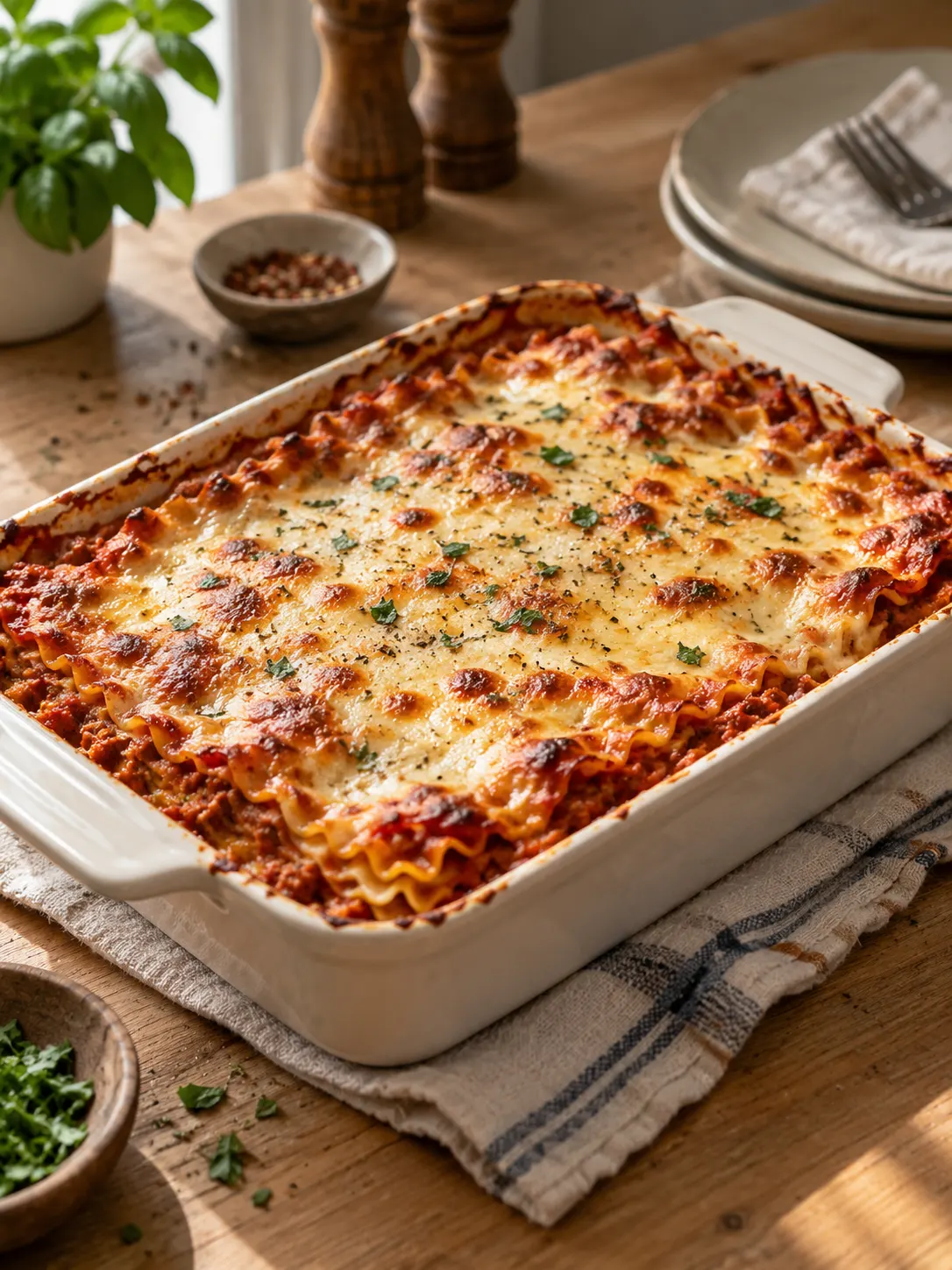 A freshly baked lasagna without ricotta, with a golden-brown mozzarella cheese crust on top and a few subtle crumbs around the edges, served on a light wood kitchen table.
