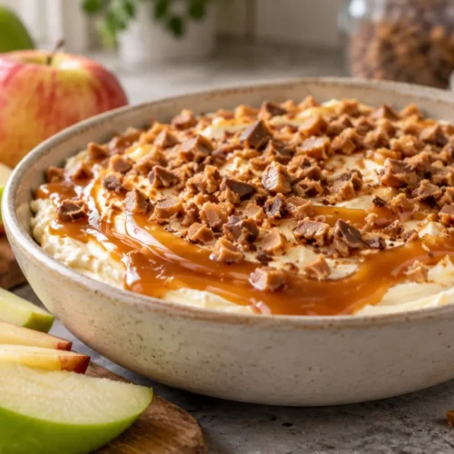 A wide-angle view of a white shallow bowl containing a creamy dip topped with a thick layer of caramel and toffee bits, surrounded by fresh apple slices on a stone surface.