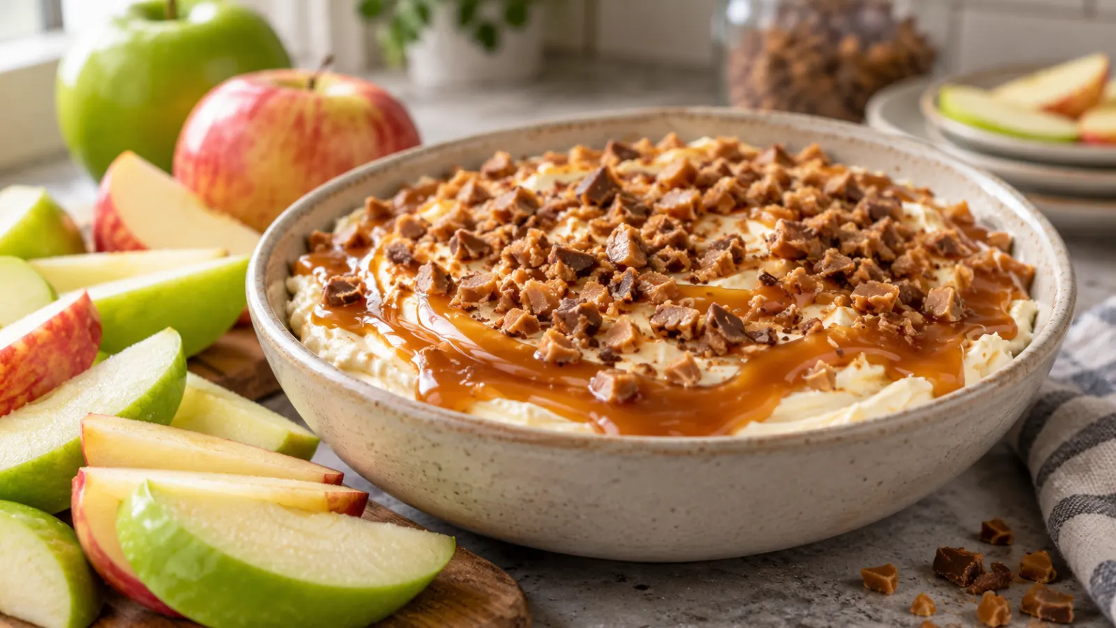 A wide-angle view of a white shallow bowl containing a creamy dip topped with a thick layer of caramel and toffee bits, surrounded by fresh apple slices on a stone surface.