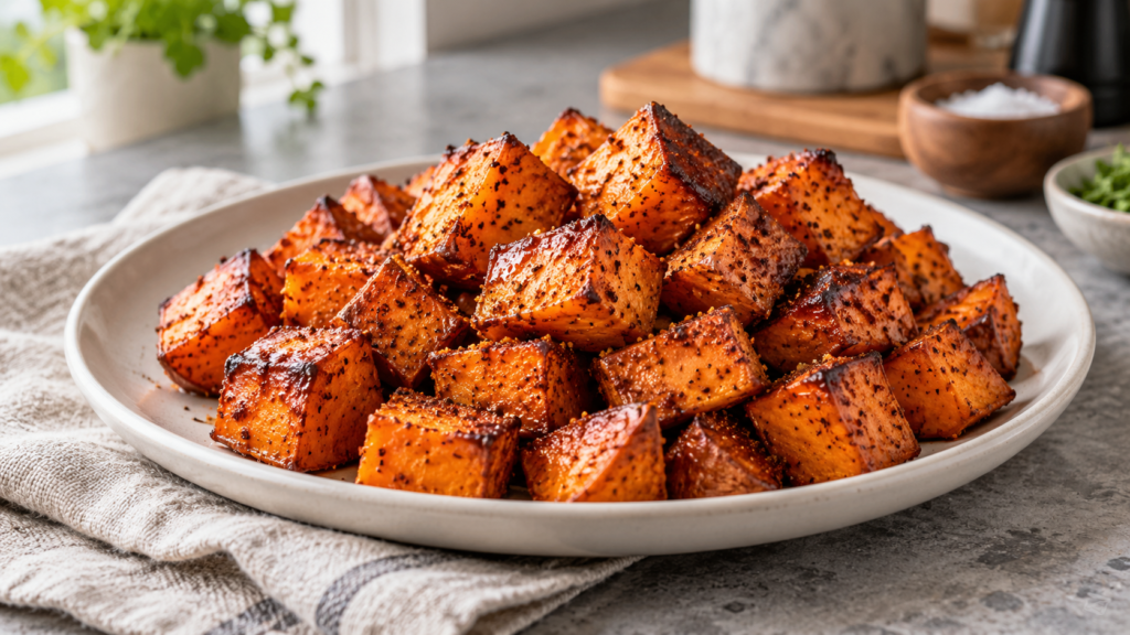 A heap of roasted sweet potato cubes with caramelized edges and a subtle maple glaze on a white plate.