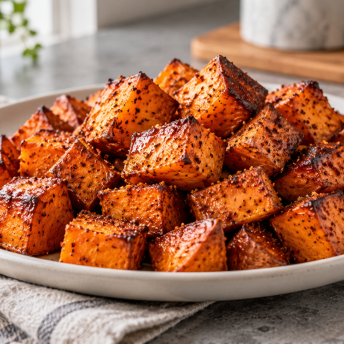 A heap of roasted sweet potato cubes with caramelized edges and a subtle maple glaze on a white plate.