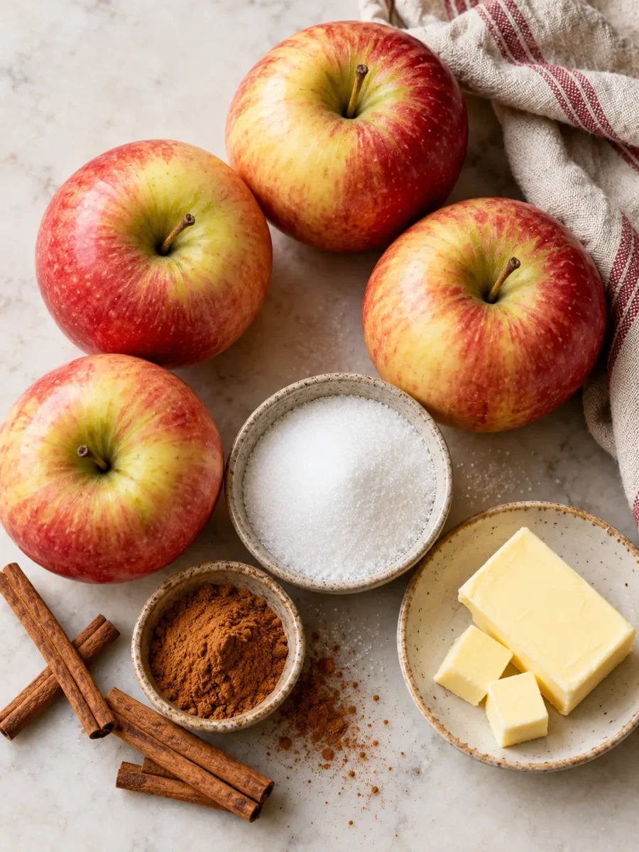 A flat-lay arrangement of 4 large apples, granulated sugar, cinnamon, and unsalted butter on a light-colored surface