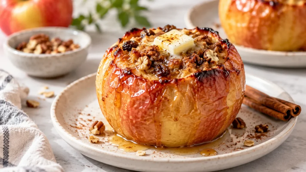 A single baked apple with golden brown skin and melted butter on top, placed on a light-colored surface