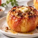 A single baked apple with golden brown skin and melted butter on top, placed on a light-colored surface