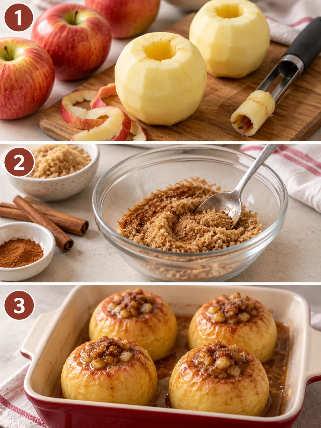 A vertical collage of 5 panels showing the steps to make old fashioned baked apples, including coring and peeling the apples, mixing the sugar and cinnamon, and baking the apples in the oven