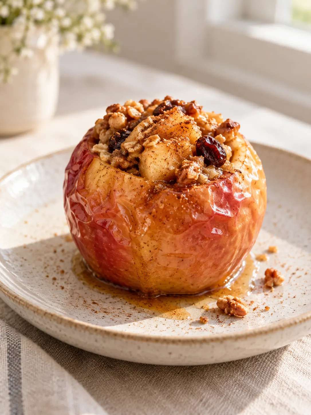 A single baked apple on a light-colored plate, with a soft, natural light illuminating the scene