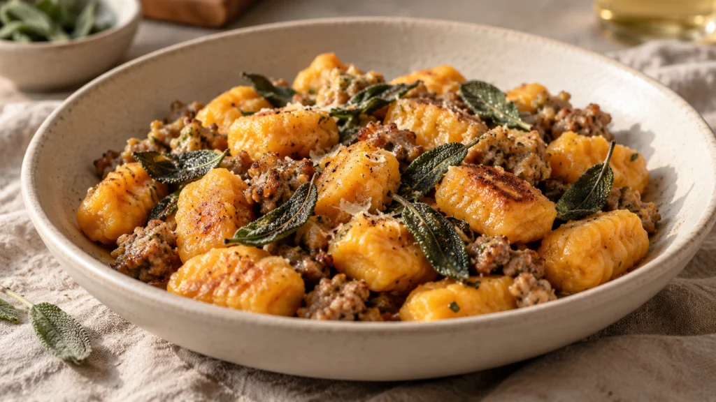 A shallow white bowl filled with orange-colored pumpkin gnocchi, browned chicken sausage crumbles, and crispy sage leaves in a light butter sauce.