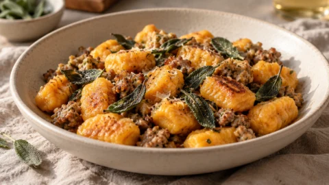 A shallow white bowl filled with orange-colored pumpkin gnocchi, browned chicken sausage crumbles, and crispy sage leaves in a light butter sauce.