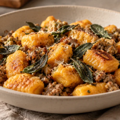 A shallow white bowl filled with orange-colored pumpkin gnocchi, browned chicken sausage crumbles, and crispy sage leaves in a light butter sauce.