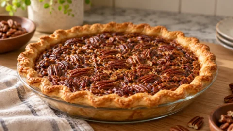 A freshly baked pecan pie without corn syrup, with a golden brown crust and a gooey filling