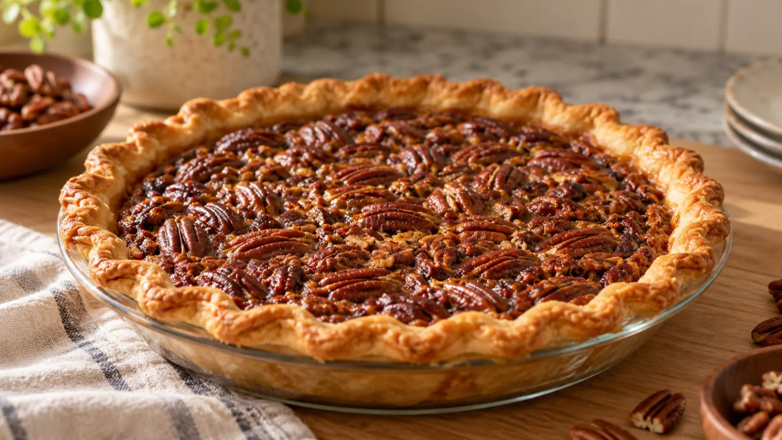 A freshly baked pecan pie without corn syrup, with a golden brown crust and a gooey filling