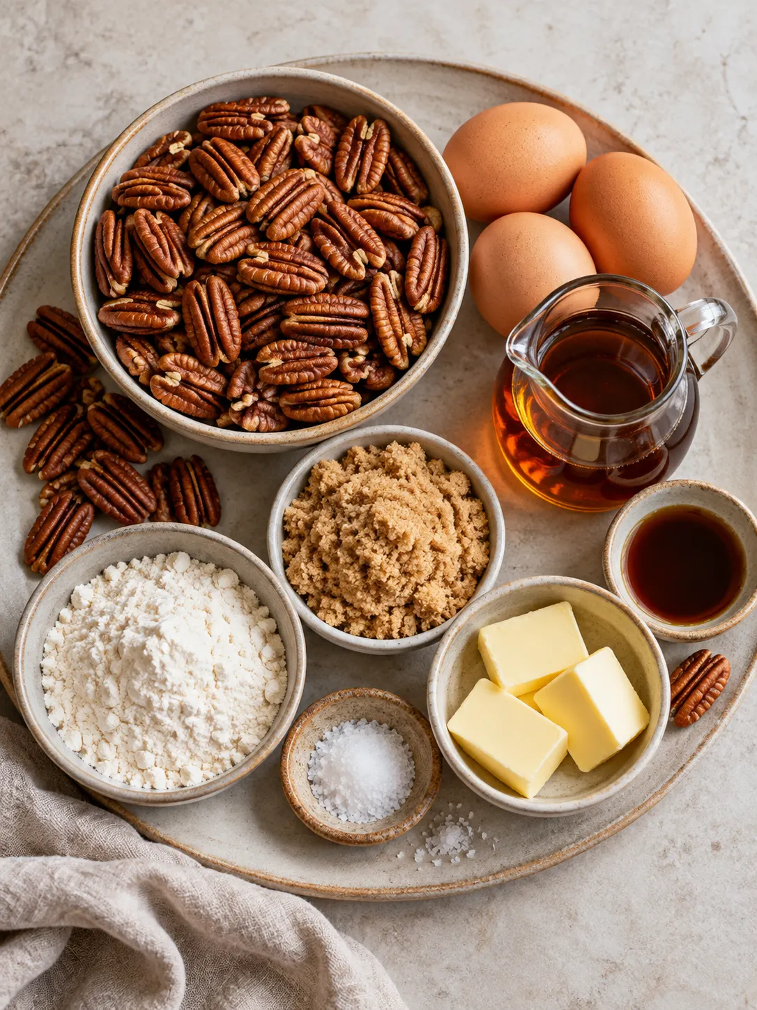 A flat-lay arrangement of ingredients for the pecan pie, including pecan halves, eggs, and spices
