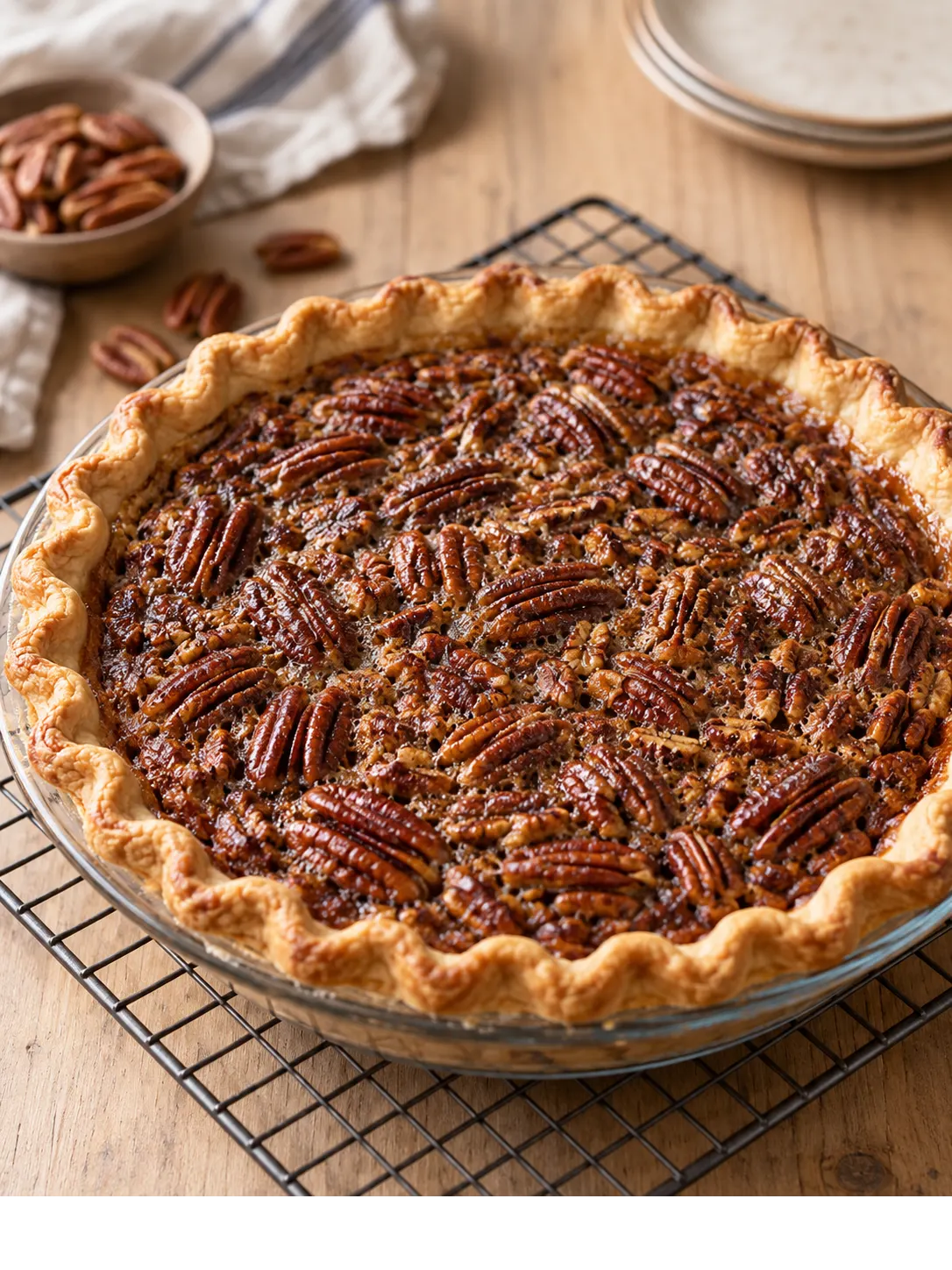 A cooled pecan pie without corn syrup, placed on a wire cooling rack