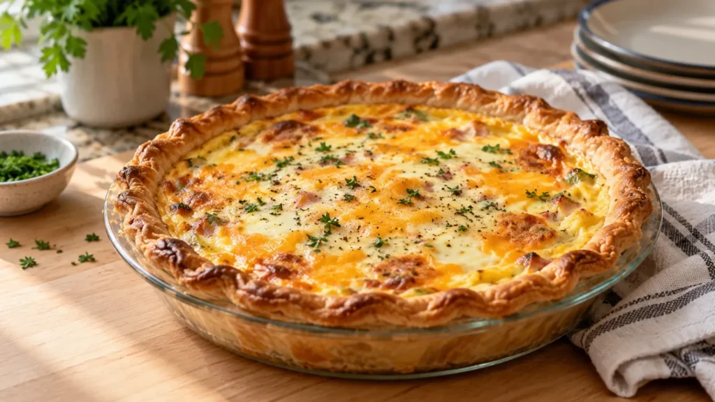 A freshly baked quiche with a golden brown crust, creamy egg mixture, and melted cheese, placed on a light wood kitchen table