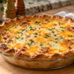 A freshly baked quiche with a golden brown crust, creamy egg mixture, and melted cheese, placed on a light wood kitchen table