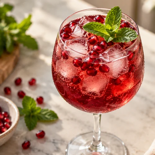A large wine glass filled with a pomegranate spritz mocktail, garnished with fresh mint leaves and pomegranate arils, placed on a light-colored surface.