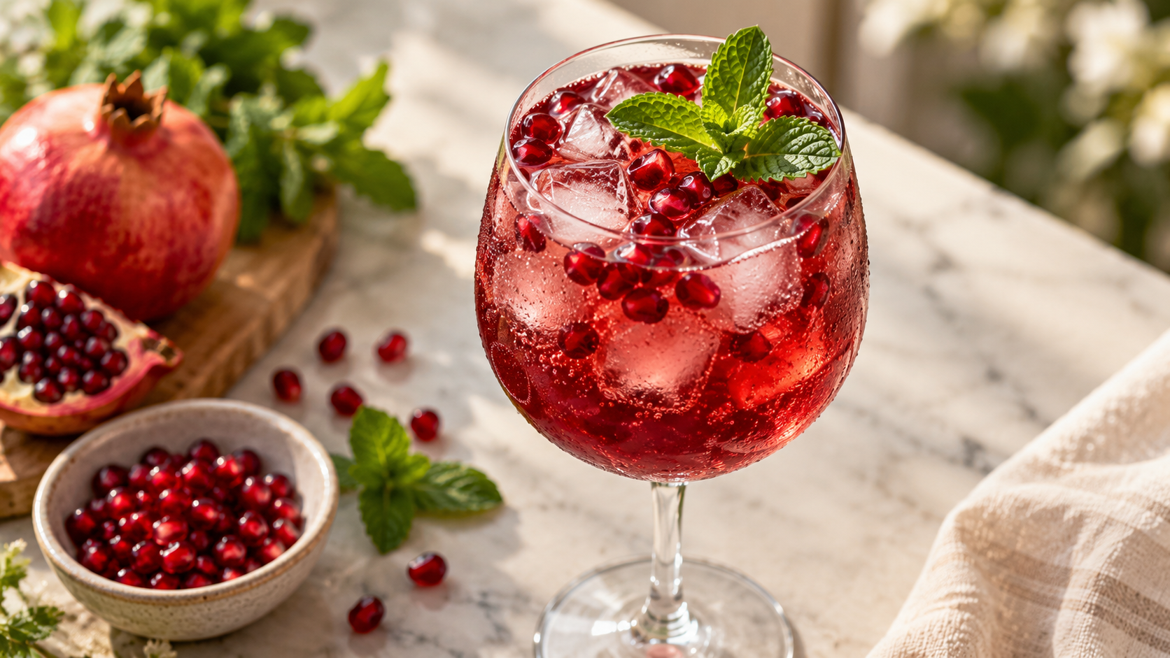 A large wine glass filled with a pomegranate spritz mocktail, garnished with fresh mint leaves and pomegranate arils, placed on a light-colored surface.