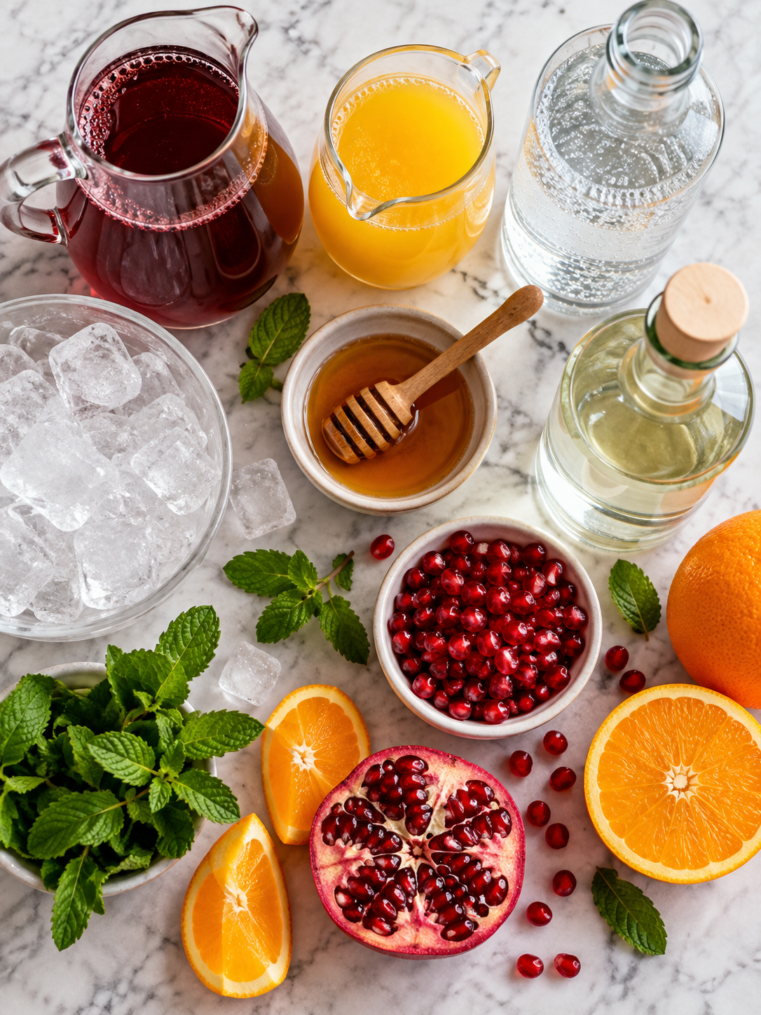 A flat-lay arrangement of ingredients, including pomegranate juice, orange juice, honey, club soda, non-alcoholic gin alternative, ice, fresh mint leaves, and pomegranate arils, on a clean and simple surface.