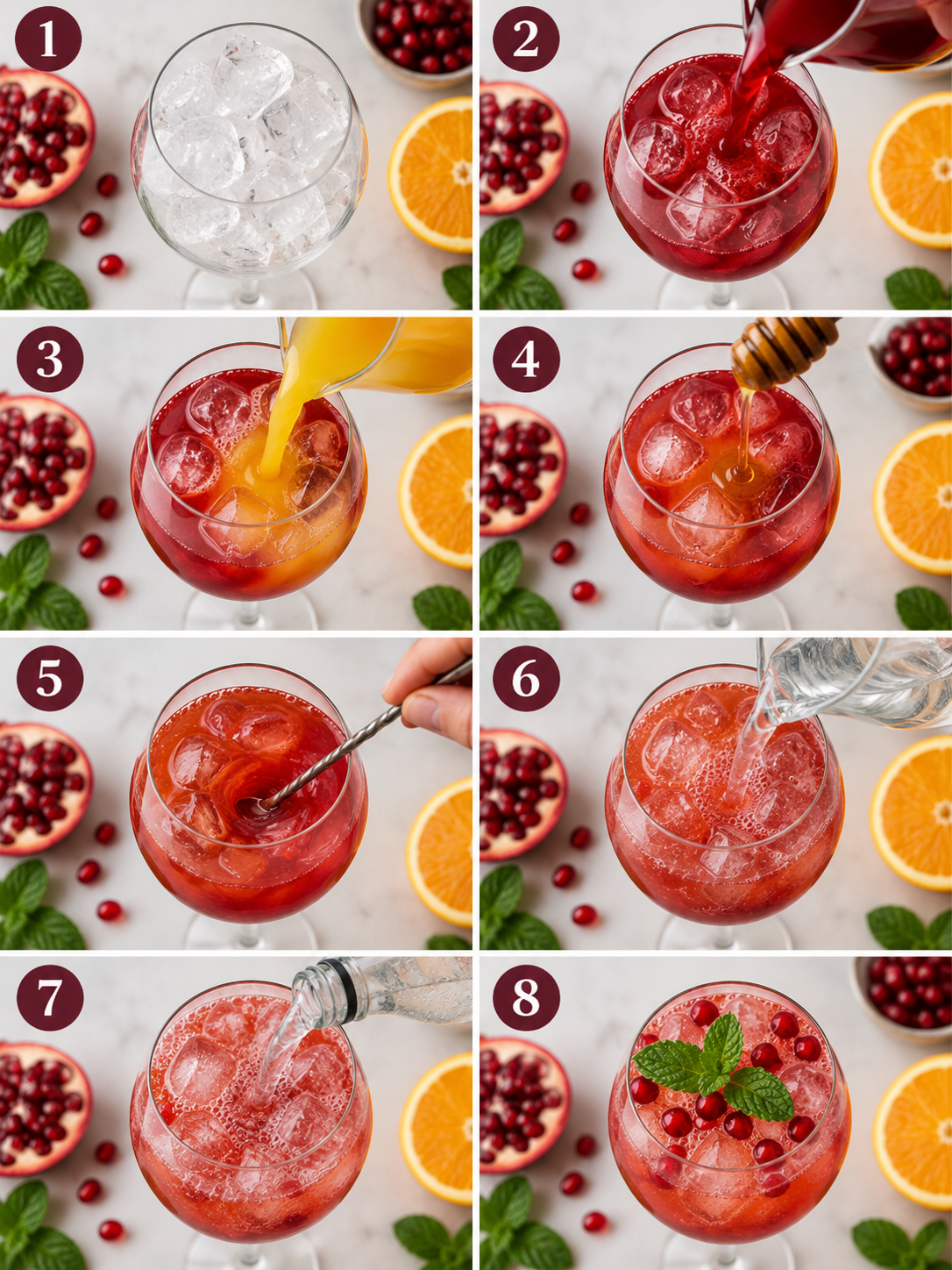 A vertical step-by-step cooking instructions collage showing the preparation of a pomegranate spritz mocktail, with 8 equal panels and clear step numbers.