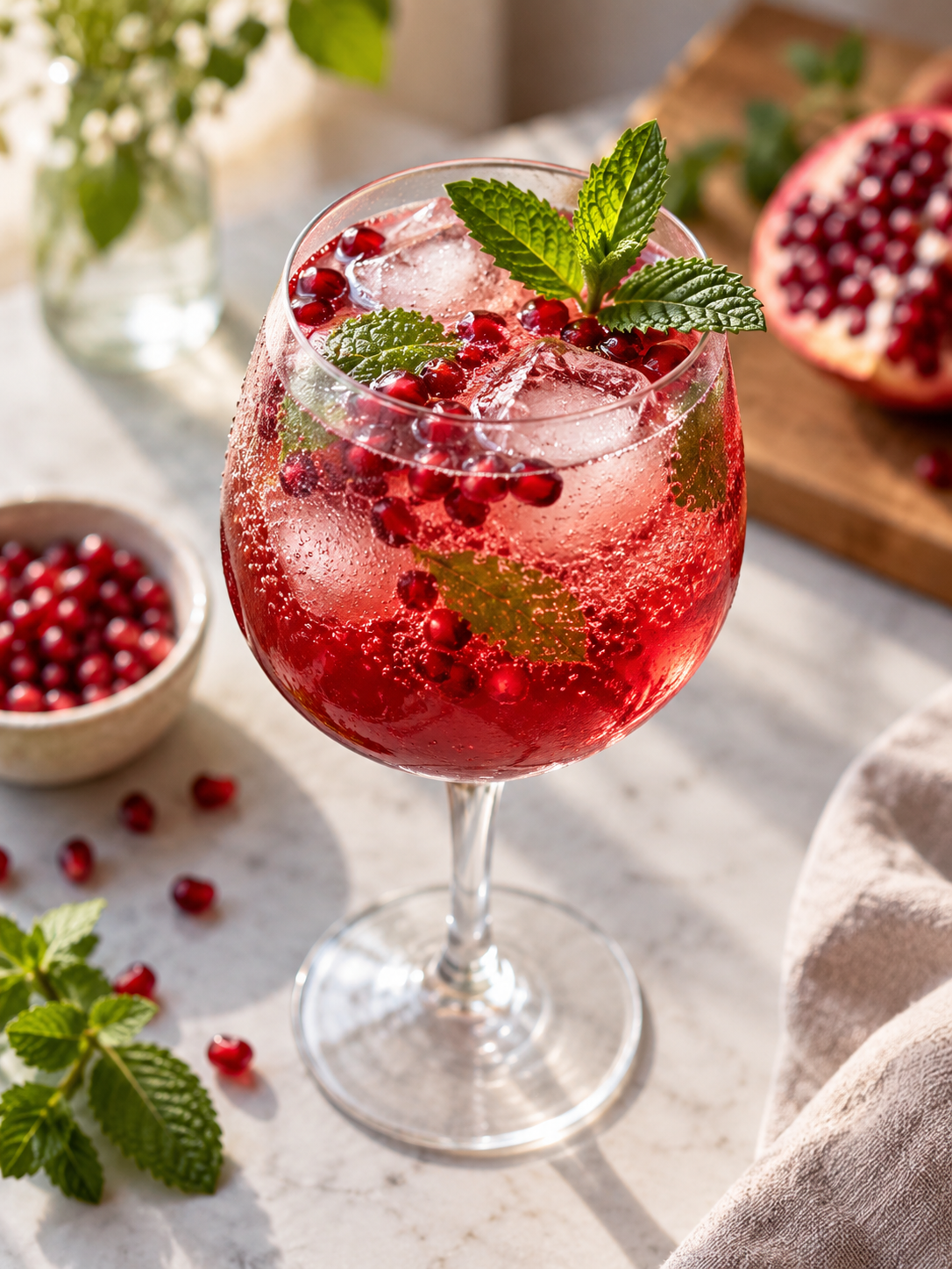 A large wine glass filled with a pomegranate spritz mocktail, garnished with fresh mint leaves and pomegranate arils, placed on a light-colored surface.