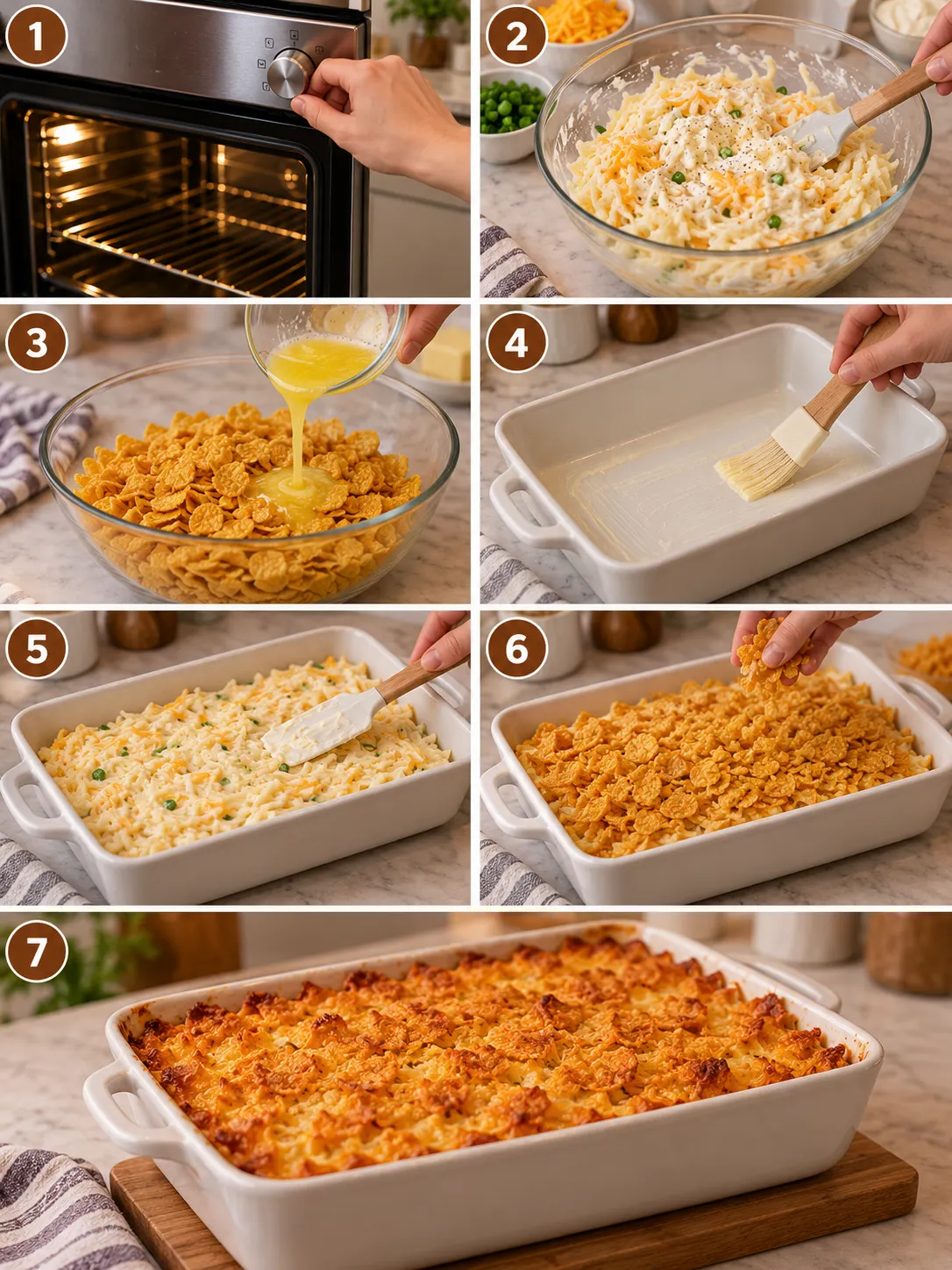 A step-by-step guide to making a potato casserole with corn flakes, including preheating the oven, mixing the potato mixture, and baking the casserole