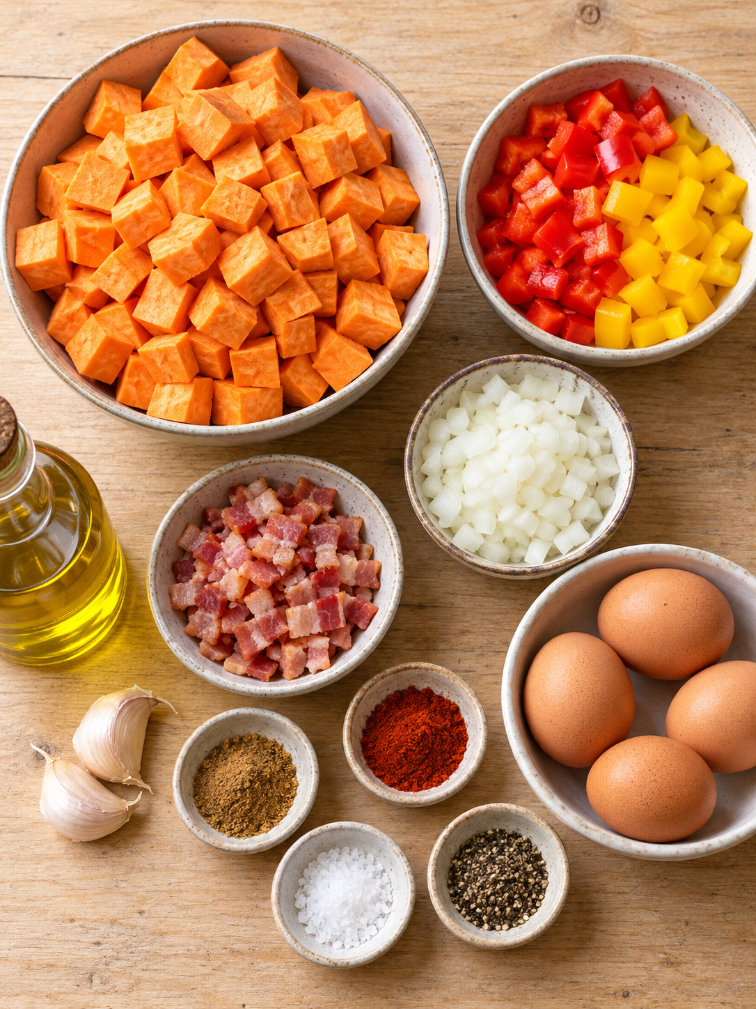 An overhead view of raw diced sweet potatoes, peppers, onions, turkey bacon, eggs, and spices arranged on a wood table.