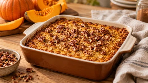 A freshly baked pumpkin baked oatmeal in a baking dish, topped with chopped pecans and a golden brown crust.
