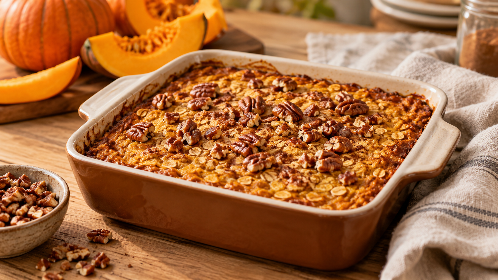 A freshly baked pumpkin baked oatmeal in a baking dish, topped with chopped pecans and a golden brown crust.