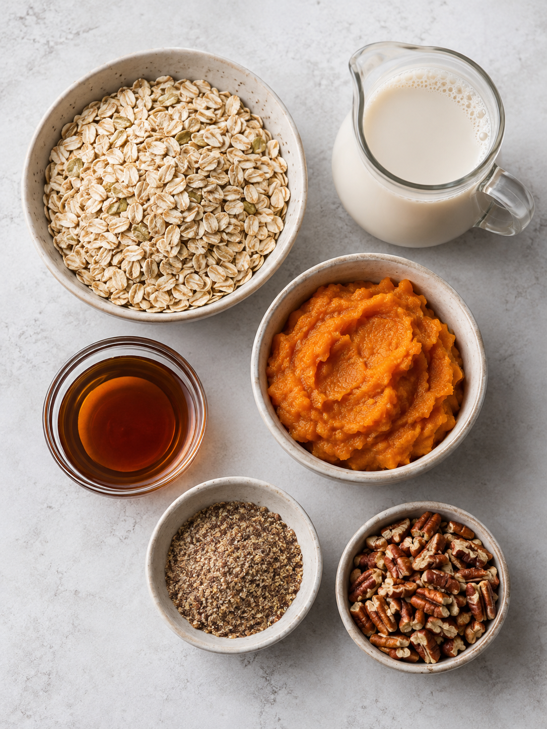 A selection of ingredients, including oats, pumpkin puree, almond milk, maple syrup, flaxseed, and chopped pecans.