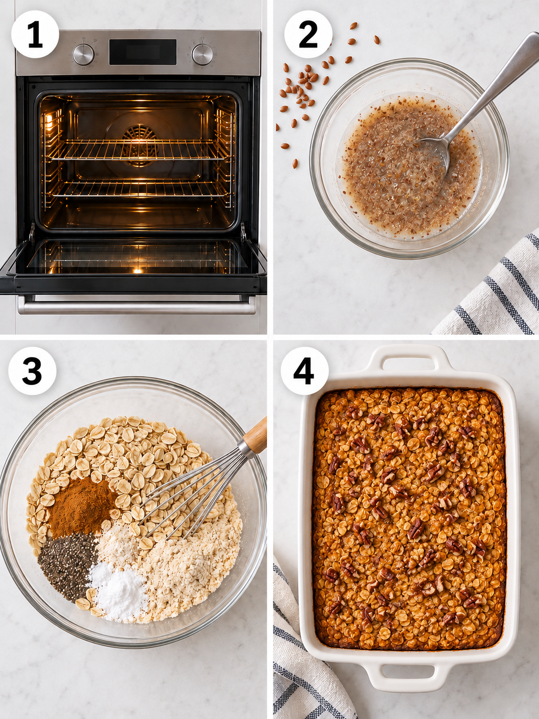 A step-by-step guide to making pumpkin baked oatmeal, including preheating the oven, preparing the flax egg, and baking the oatmeal.