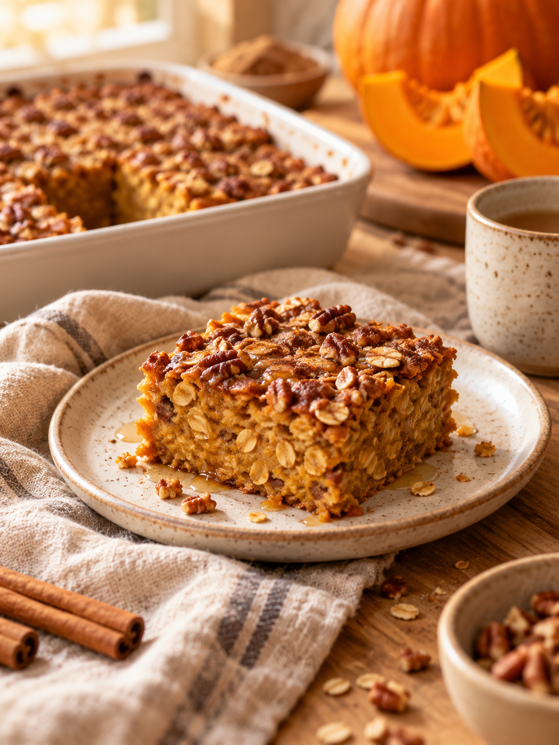 A warm and inviting serving of pumpkin baked oatmeal, sliced into squares and served on a kitchen table.