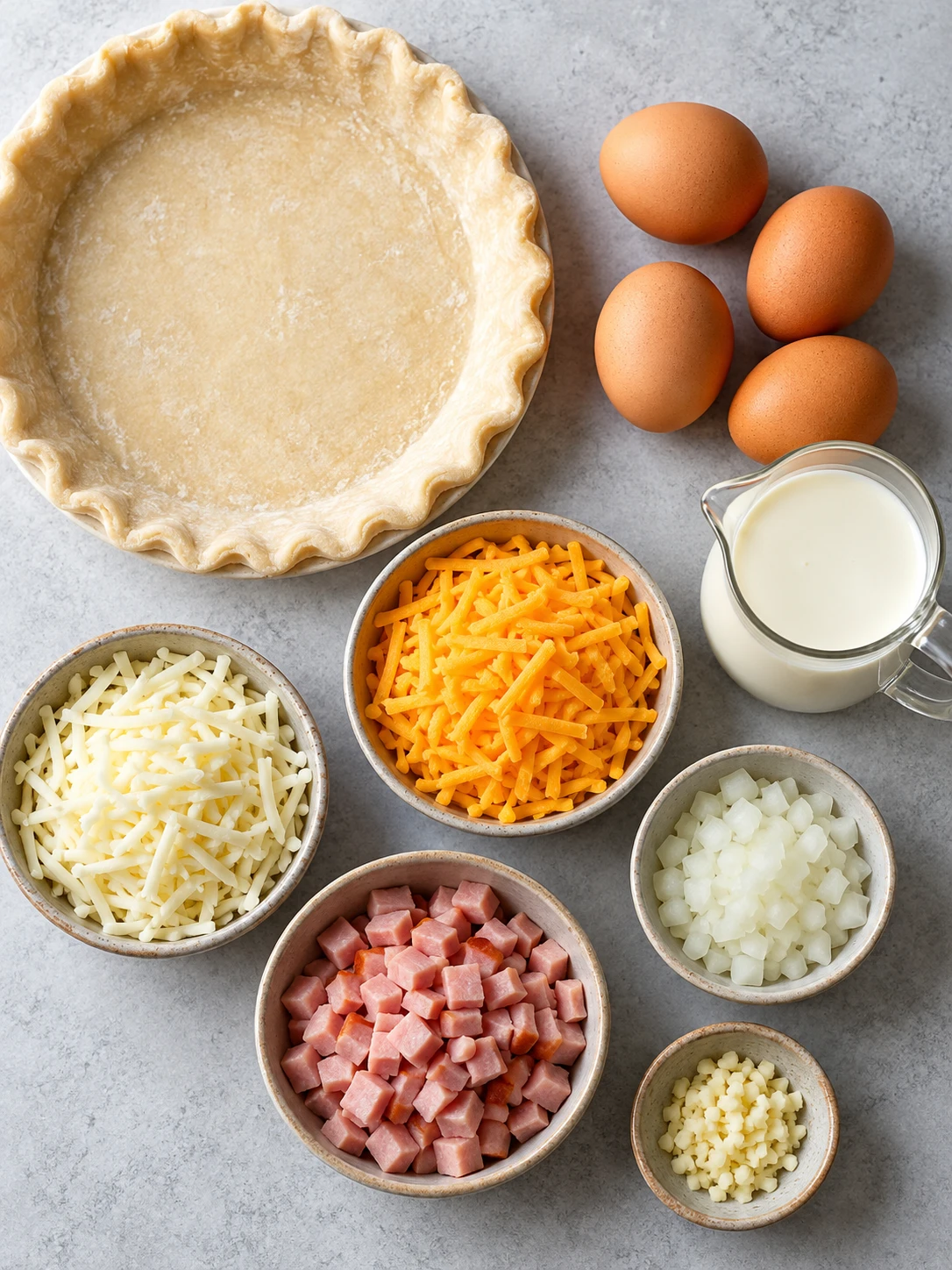 A flat-lay arrangement of quiche ingredients, including a frozen pie crust, eggs, cheese, turkey ham, onion, garlic, and heavy cream