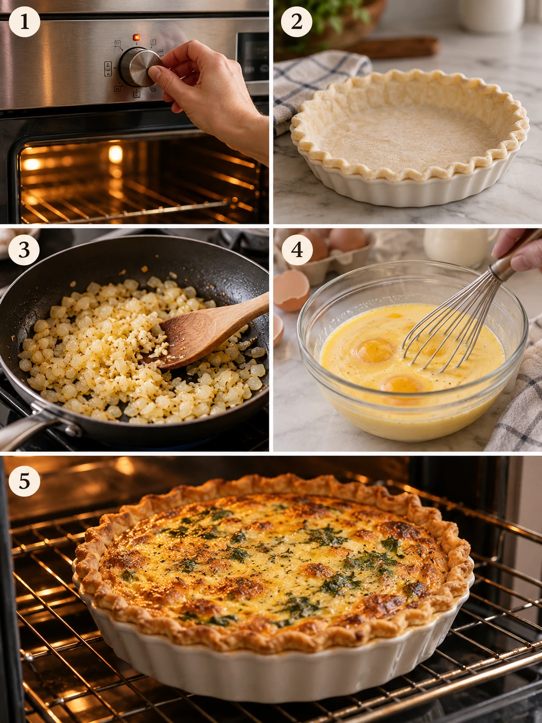 A step-by-step collage of the quiche recipe instructions, including preheating the oven, thawing the pie crust, and baking the quiche