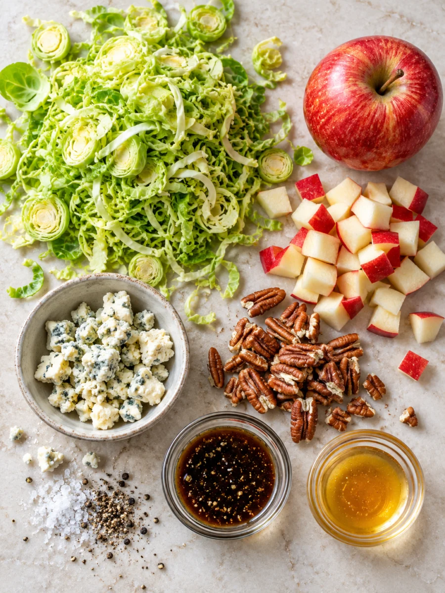 Fall Brussel A flat-lay of shredded Brussels sprouts, diced apples, pecans, blue cheese, balsamic vinaigrette, and honey on a stone surface.