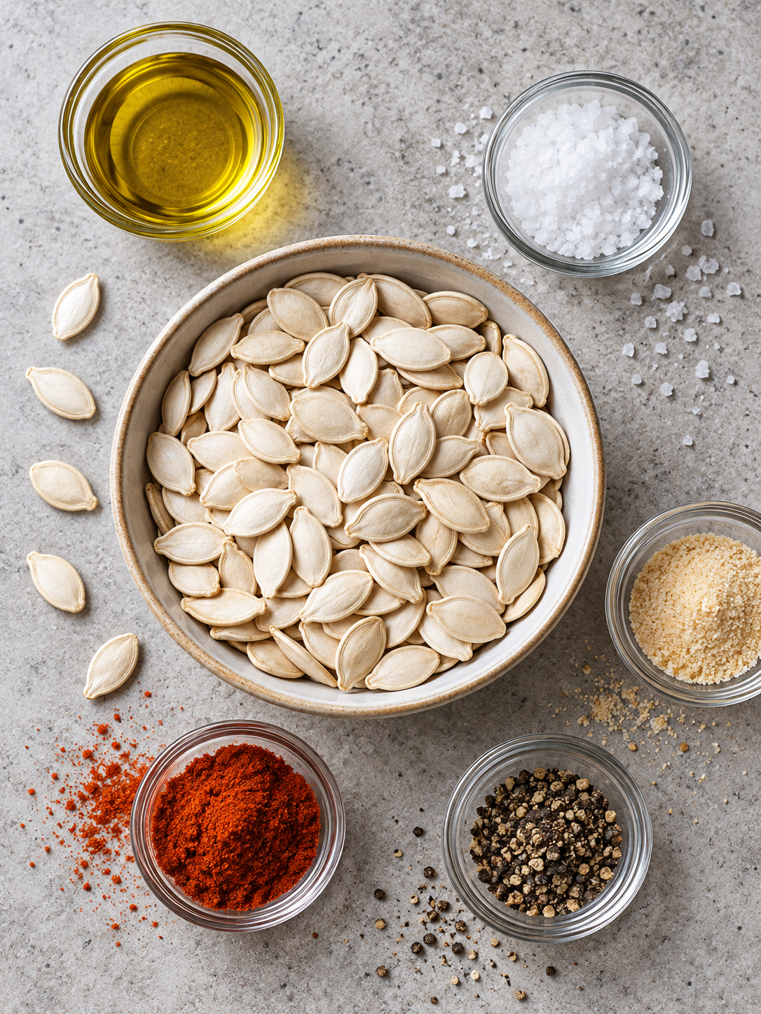 An overhead flat-lay of raw pumpkin seeds, a small dish of olive oil, and tiny bowls containing salt, garlic powder, paprika, and black pepper.