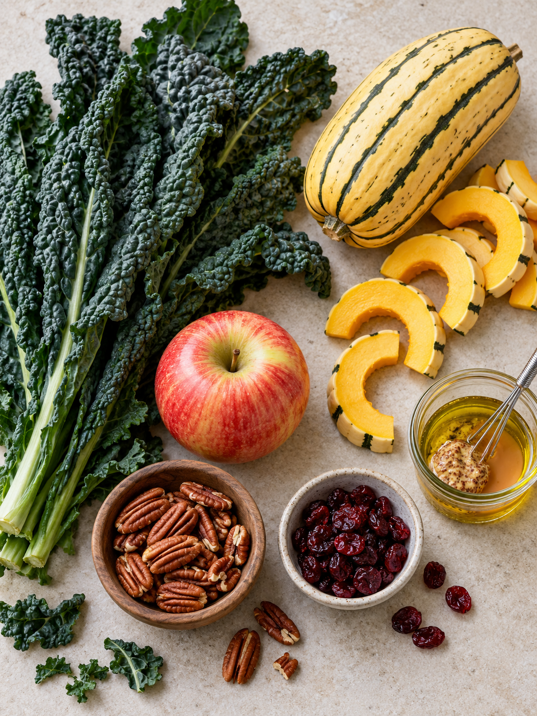A flat-lay arrangement of lacinato kale, delicata squash, a red apple, pecans, cranberries, and dressing ingredients on a stone surface.