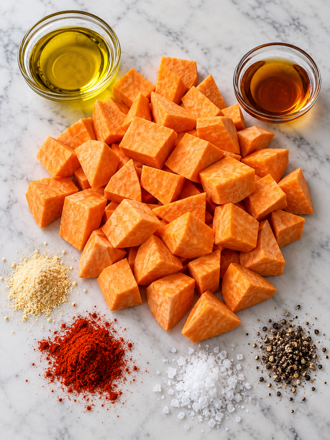 Cubed raw sweet potatoes, olive oil, maple syrup, and spices like paprika and garlic powder on a marble background.