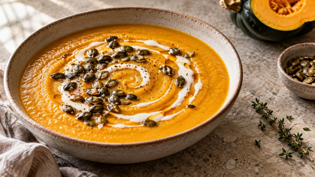 A wide shot of a shallow ceramic bowl filled with smooth, orange acorn squash soup topped with coconut cream, toasted pepitas, and fresh thyme.
