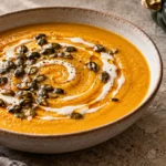 A wide shot of a shallow ceramic bowl filled with smooth, orange acorn squash soup topped with coconut cream, toasted pepitas, and fresh thyme.