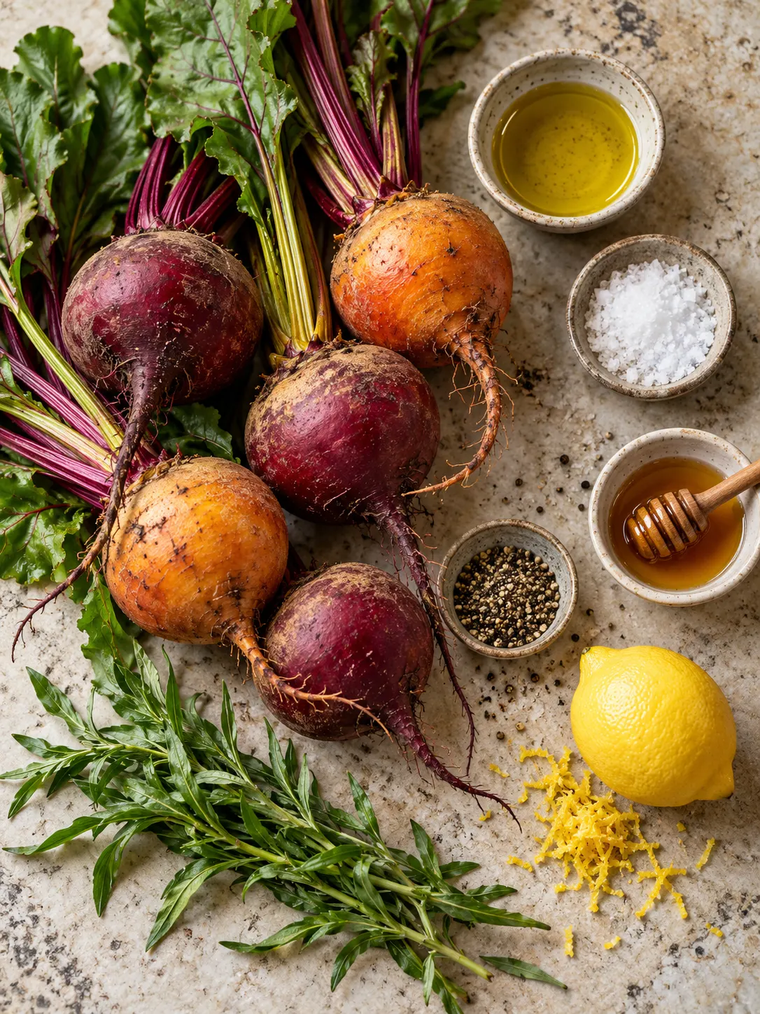 A flat-lay arrangement of ingredients for roasted beets, including beets, olive oil, salt, pepper, honey, tarragon, and a lemon