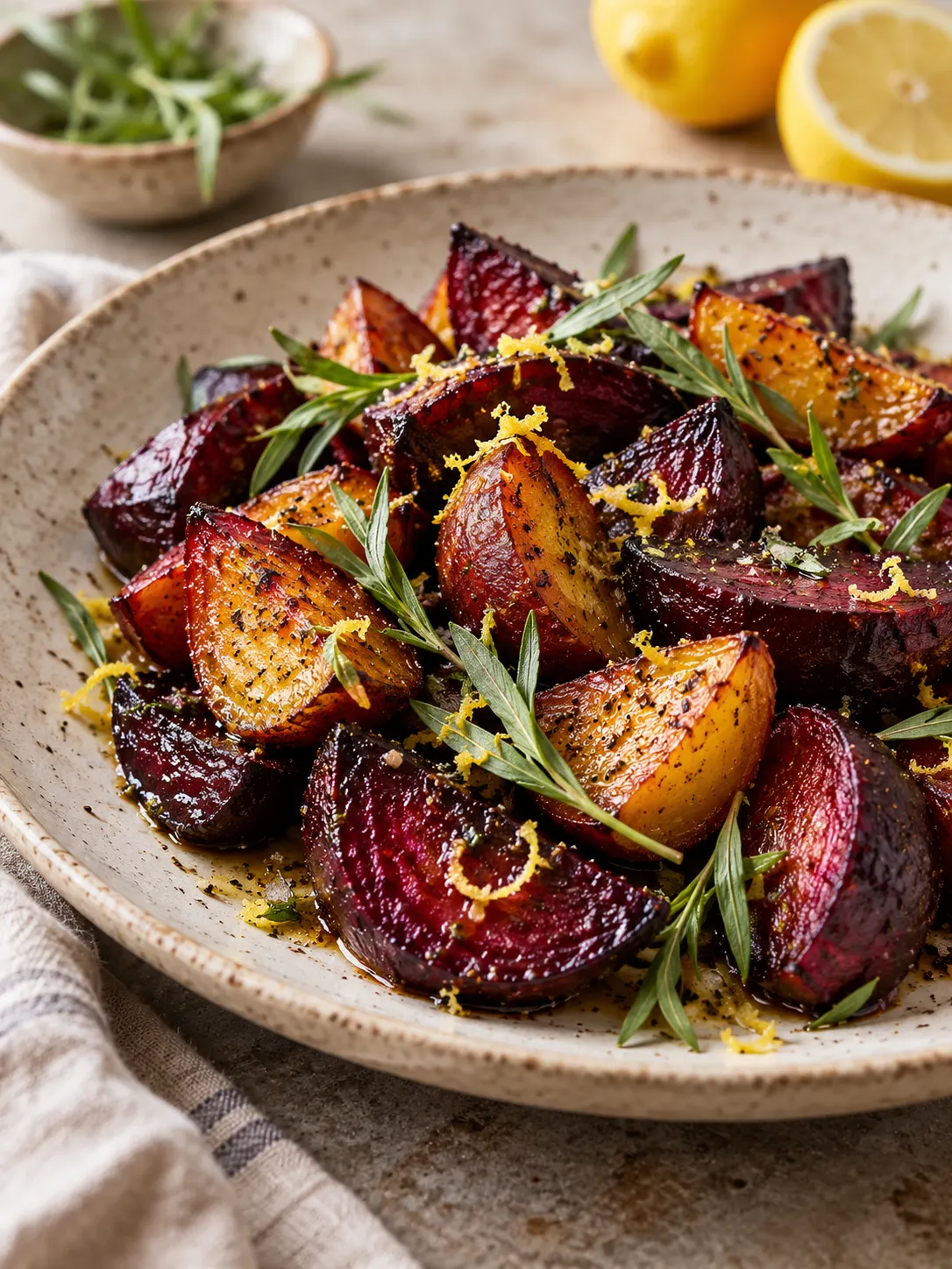 A serving of roasted beets on a neutral ceramic plate, garnished with fresh tarragon and lemon zest